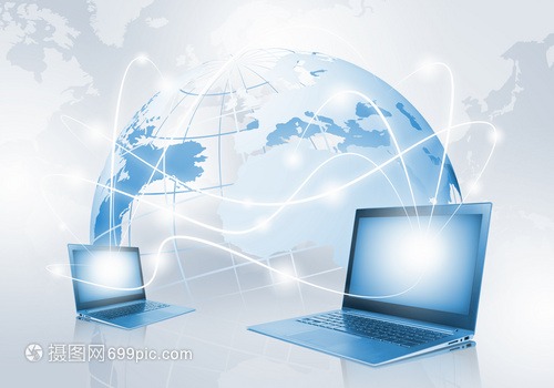 網(wǎng)絡(luò)背景上帶地球儀插圖的筆記本電腦圖像