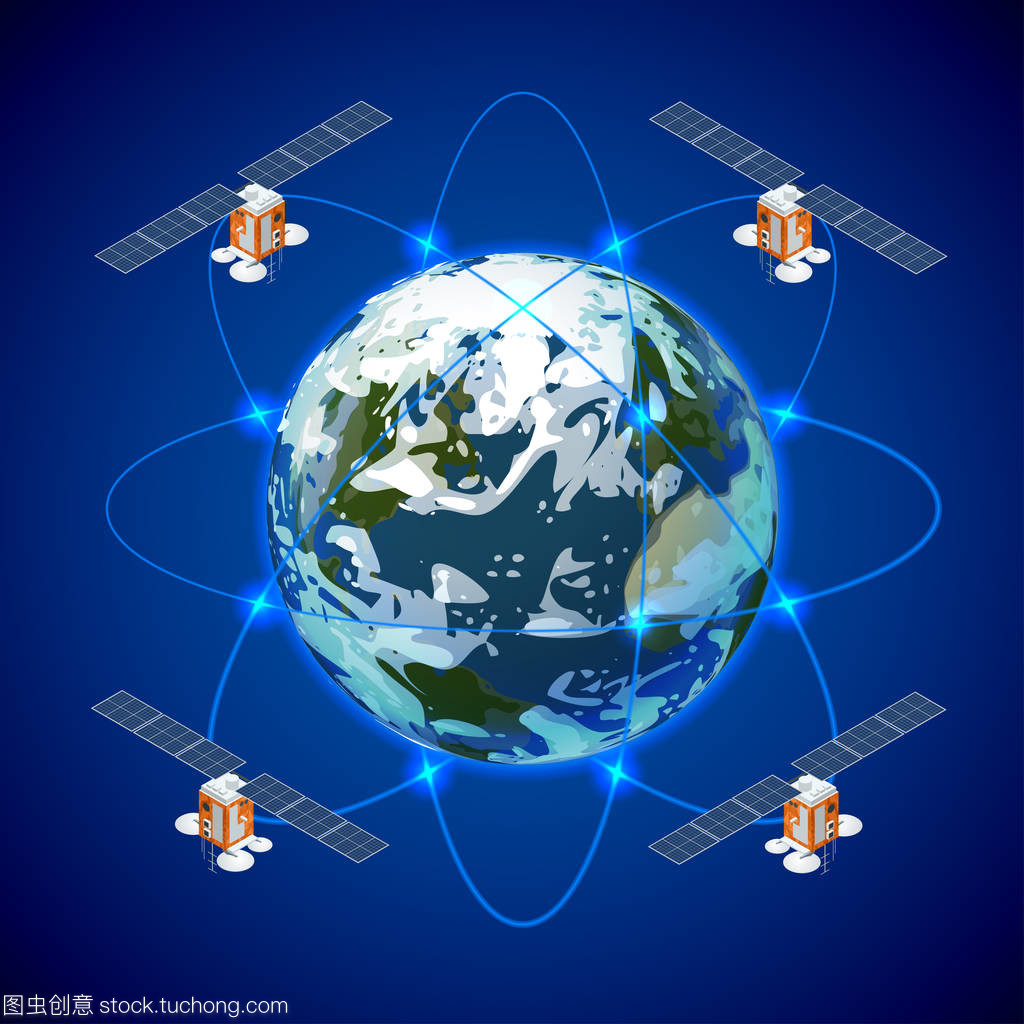 網(wǎng)絡(luò)和衛(wèi)星數(shù)據(jù)交換在行星地球在空間中。Gps 衛(wèi)星